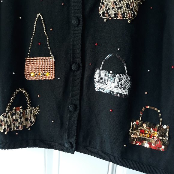 Quaker Factory Black Embellished Bags Cardigan XL - Picture 3 of 6